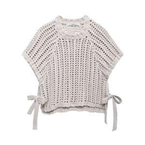 중공 니트 풀오버 여성 캐주얼 라운드 넥 레이스 업 보우 스웨터 여성 가을 ​​반팔 솔리드 Knitwears 레이디