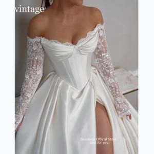 Sevintage 절묘한 연인 새틴 웨딩 원피스 사진 촬영, 반짝이는 레이스 슬리브 신부 가운, 긴 슬릿 웨딩 로브, 맞춤형