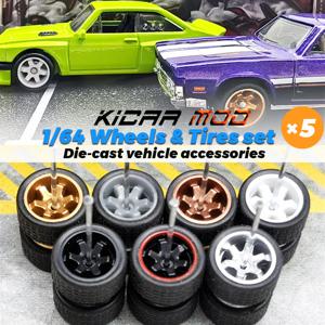고정된 검정색 고무 타이어가 있는 1/64 휠 장난감 모델용 6개 스포크 다이캐스트 자동차 Hotwheels용 부품 재장착(5개 자동차용 5세트)