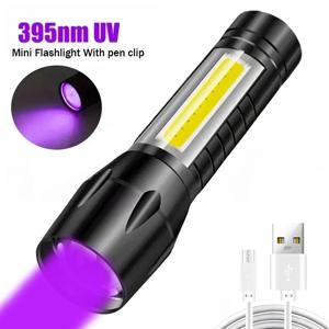 USB 충전식 미니 UV 손전등, 줌 가능 자외선 토치, 휴대용 검사 조명, 365nm 애완 동물 탐지기, 바이올렛 손전등