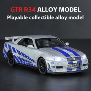 1:32 스케일 GTR-R34 합금 자동차 모델, 조명 바퀴 및 엔진 소리, 어린이 소장용 레이싱 장난감, 레이싱 팬을 위한 재미