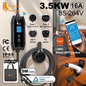 Feyree Type2 EV 충전기 WIFI APP 제어 16A 3.5KW GBT 5M 케이블 Type1 휴대용 충전 박스 세트 EV 자동차 용 충전 및 지연 시간