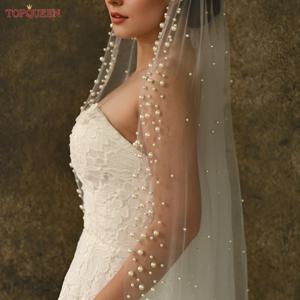 TOPQUEEN V66 럭셔리 대성당 진주 웨딩 베일 빗 없음 싱글 레이어 화이트 크림 3m 신부 베일 사용자 정의 가능