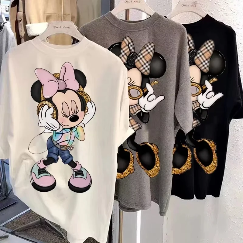디즈니 New Minnie Kawaii Fun 여성 프린트 티셔츠 패션 여름 만화 미니 탑 Y2K 여성용 초대형 코튼 티셔츠
