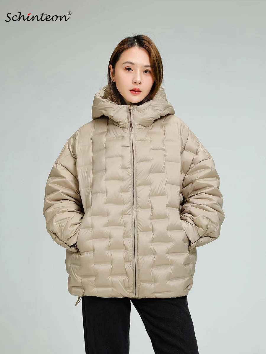 Schinteon 여성 라이트 90% 화이트 오리 다운 재킷 캐주얼 루즈 오버 사이즈 가을 겨울 아웃웨어 후드 최고 품질 코트 2025