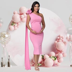 출산 원 숄더 3D 꽃무늬 플로팅 슬리브 Bodycon 베이비 샤워 사진 촬영을 위한 여름 미디 드레스