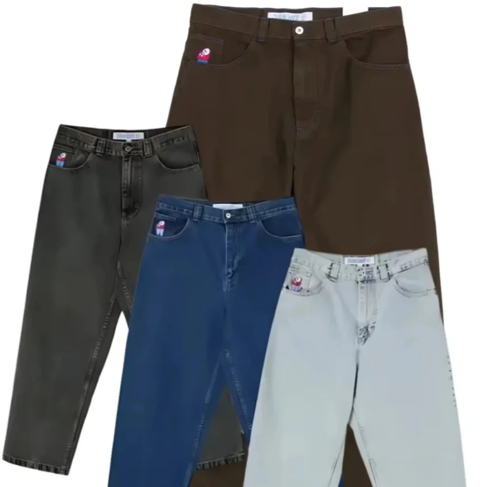 레트로 블루 만화 자수 청바지 힙합 고딕 헐렁한 streetwear 폴라 빅 보이 청바지 남성 패션 넓은 다리 바지