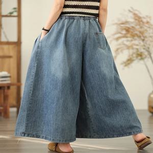 워싱 데님 와이드 레그 팬츠, 밴딩 허리, 캐주얼 여름 여성용 청바지, 2025 신상 루즈핏 블루 진 (광저우)