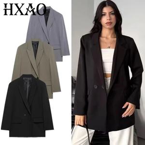 HXAO 여성용 블레이저 봄 사무복 여성 겉옷 블랙 그린 그레이 블레이저 긴 소매 코트 블레이저 장착 양복 재킷 066