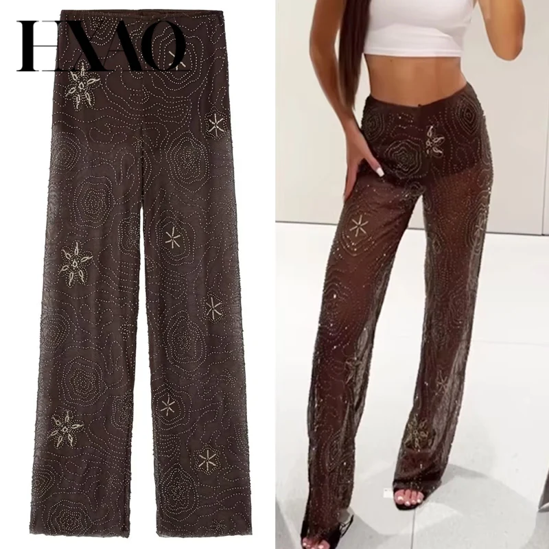 HXAO 여성 바지 봄 여름 2025 구슬 갈색 바지 스팽글 반투명 하이 웨스트 바지 숙녀 streetwear 캐주얼 바지