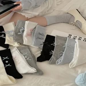 여름 코튼 그리드 무늬 나비 매듭 중반 송아지 양말 한국 스타일 게으른 스트라이프 메쉬 얇은 더블 팩 소녀 학생 패션