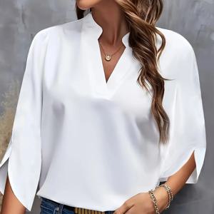 플러스 사이즈 셔츠 새로운 v 넥 여름 우아한 여성 블라우스 솔리드 컬러 느슨한 반팔 캐주얼 화이트 오피스 레이디 탑 의류