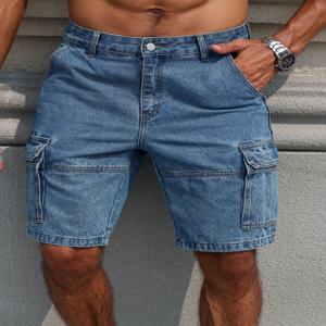 남성용 여름 작업복 데님 반바지, 블루 멀티 포켓 스타일. 스트리트웨어에 적합한 스타일리시하고 캐주얼한 스타일.