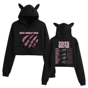 2025 블랙 월드 투어 머치 고양이 귀 양면 긴팔 크롭탑 여성 패션 후드티