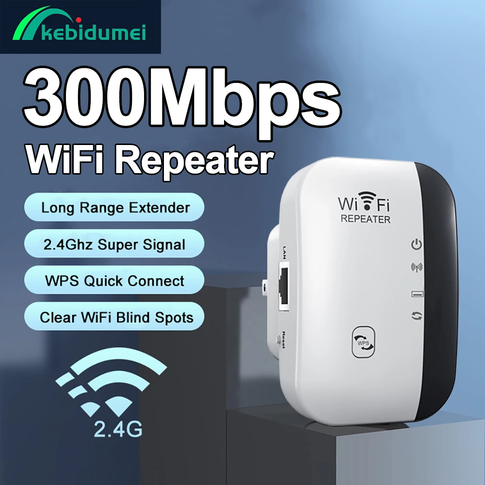 Kebidumei 300Mbps 무선 WiFi 리피터 Wifi 익스텐더 증폭기 802.11N WPS 장거리 WiFi 부스터 증폭기 Wi Fi 리피터