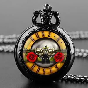 블랙 스테인레스 스틸 Guns N Roses 총알 로고 돔 석영 주머니 시계 목걸이 여성 쥬얼리 펜던트 체인 어린이 선물