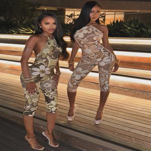 Kliou 미적 인쇄 홀터 여성 Playsuits 패션 섹시한 등이없는 붕대 바디 쉐이핑 Rompers 여성 매력적인 클럽 원피스