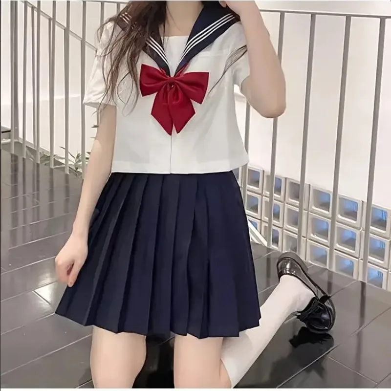 섹시한 일본 여학생 교복 JK 슈트, 봄/가을용 빨간 넥타이와 흰색 기본 세일러복 여성 긴팔 슈트