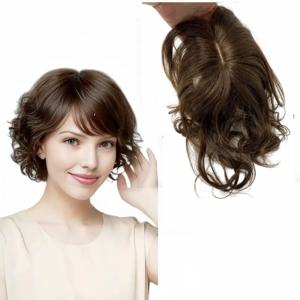 바디 웨이브 인간의 머리카락 토퍼 여성용 25cm 클립 곱슬 헤어피스 확장 머리 볼륨 증가 마일드 브라운 비 레미