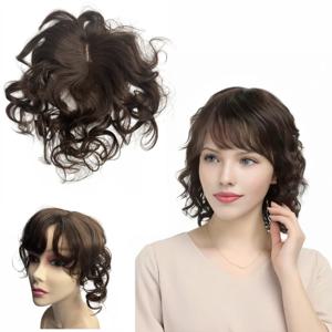 35cm 바디 웨이브 인모 부분 가발 (여성용, 앞머리 포함, 곱슬머리용 클립형 헤어피스, 희미한 모발 부분 커버)