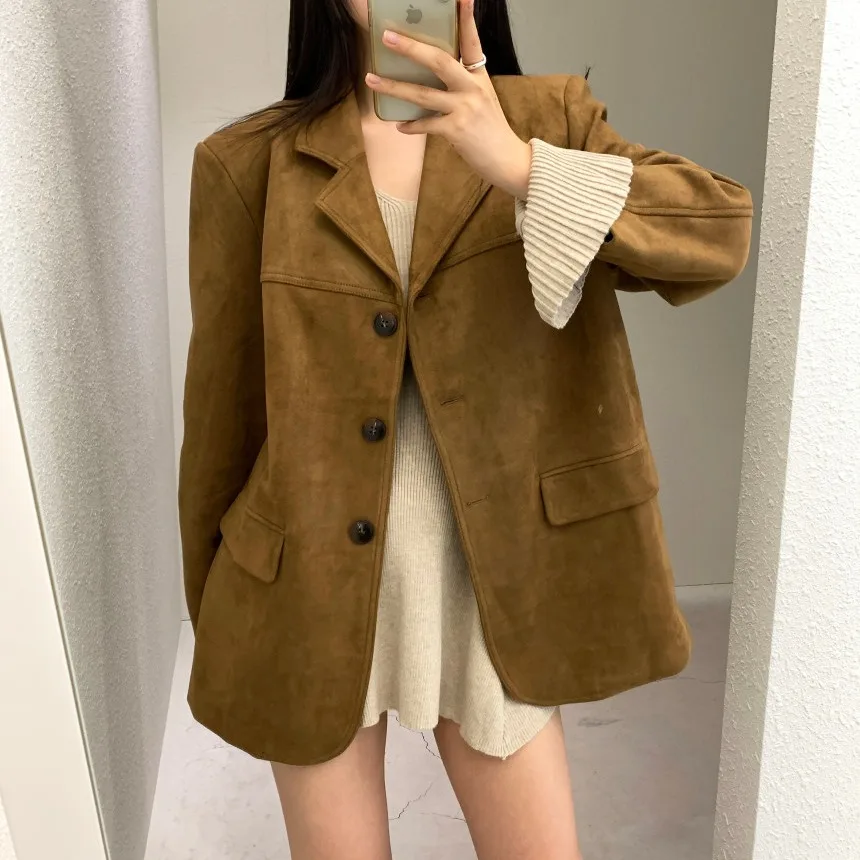 세련된 여성 가죽 자켓 가을 겨울 패션 통근 커피 컬러 사슴 가죽 벨벳 탑 빈티지 하이 엔드 느낌 코트