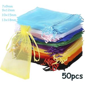 도매 50 개/몫 조정 가능한 Organza 가방 5x7cm 7x9cm 9x12cm 10x15cm Drawstring 보석 포장 사탕 결혼 선물 파우치