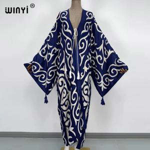 WINYI 휴가 기모노 중동 여성 카디건 스티치 로브 칵테일 섹시 드레스 보헤미안 맥시 아프리카 휴가 긴팔 카프탄