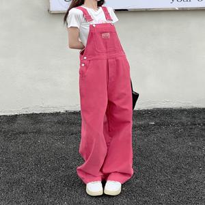 SM 청바지 여자 2022 여름 Preppy 스타일 느슨한 여자 핑크 넓은 다리 바지 jumpsuit 한국어 캐주얼 데님 overalls 여자 (78891