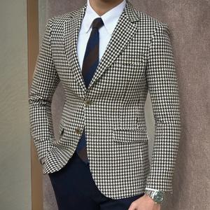 남성용 Houndstooth 격자 무늬 블레이저 2 사이드 슬릿 슬림 피트 캐주얼 남성 코트 패션 의류 2023 원피스 정장 재킷