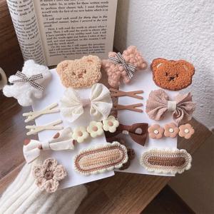 9pcs 여자 헤어 클립 만화 곰 꽃 활 장식 머리핀 ​​측면 귀여운 플러시 브라운 액세서리