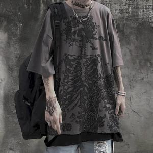 남성 티셔츠 2023 여름 streetwear 하이 스트리트 고딕 해골 티셔츠 루즈 오버 사이즈 반팔 티셔츠 Dark Anime Men Y2k Top
