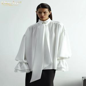 Clacive 캐주얼 루즈 화이트 여성 셔츠 2024 패션 옷깃 긴 소매 오피스 블라우스 우아한 레이스 업 프릴 솔리드 탑 여성