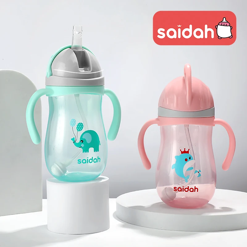 350ml V 모양 밀짚시피 컵 유아 아기 슬라이드 뚜껑 훈련 식수 병 컵 만화 스타일 패턴 디자인