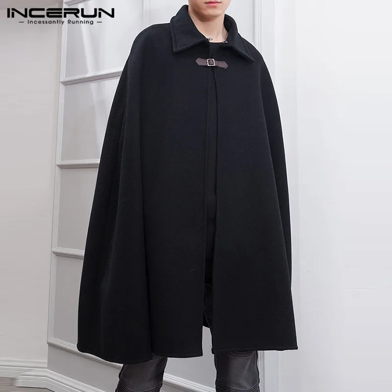 INCERUN 패션 남성 망토 코트 옷깃 솔리드 컬러 원 버튼 케이프 트렌치 streetwear 2023 캐주얼 남성 오버코트 Ponchose S-5XL