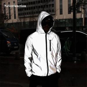플러스 사이즈 남성용 풀 반사 바람막이 방수 재킷, 하이 스트리트 힙합, 루즈 후드 코트, 4XL, 용수철 가을