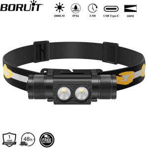 BORUiT D25 듀얼 LED 헤드램프 2000LM 강력한 헤드라이트 Type-C 충전식 18650 헤드 토치 방수 캠핑 낚시 랜턴