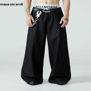 Mauroicardi 봄 가을 긴 느슨한 캐주얼 헐렁한 흐르는 부드러운 블랙 Pleated 넓은 다리 바지 남성 럭셔리 디자이너 Emo 의류 2024