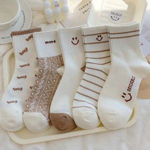 5 쌍 귀여운 웃는 프린트 양말, Comfy & Soft Crew 스포츠 양말, 여성 스타킹 및 양말