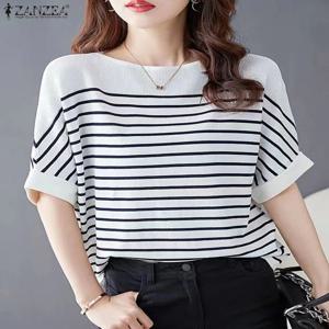 ZANZEA 여성용 우아한 스트라이프 패치워크 블라우스, 반팔, 사무복, 2024 여름 티셔츠, 루즈 캐주얼 O-넥 튜닉 탑, 패션