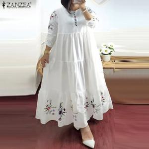 ZANZEA 우아한 꽃 프린트 이슬람 드레스 여성 패션 Abaya Kaftan Sundress 여성 캐주얼 프릴 밑단 맥시 가운 오버 사이즈