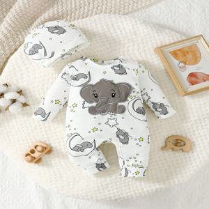 2pcs 아기 귀여운 만화 코끼리 패턴 자수 모자와 긴 소매 Romper