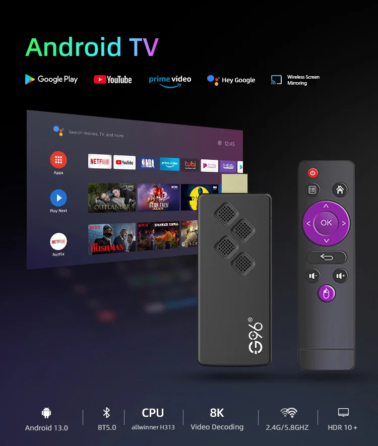 오리지널 G96 TV 스틱, 8K 안드로이드 13 스트리밍 미디어, 다국어 TV 동글, 올위너 H313 VS 아마존 파이어 스틱, 2GB, 16GB