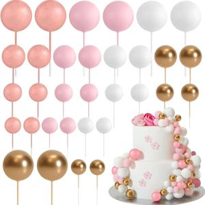 20Pcs 케이크 토퍼 골드 실버 공 생일 축하 케이크 토퍼 장식 DIY 컵케익 플래그 장식 웨딩 크리스마스 공 장식