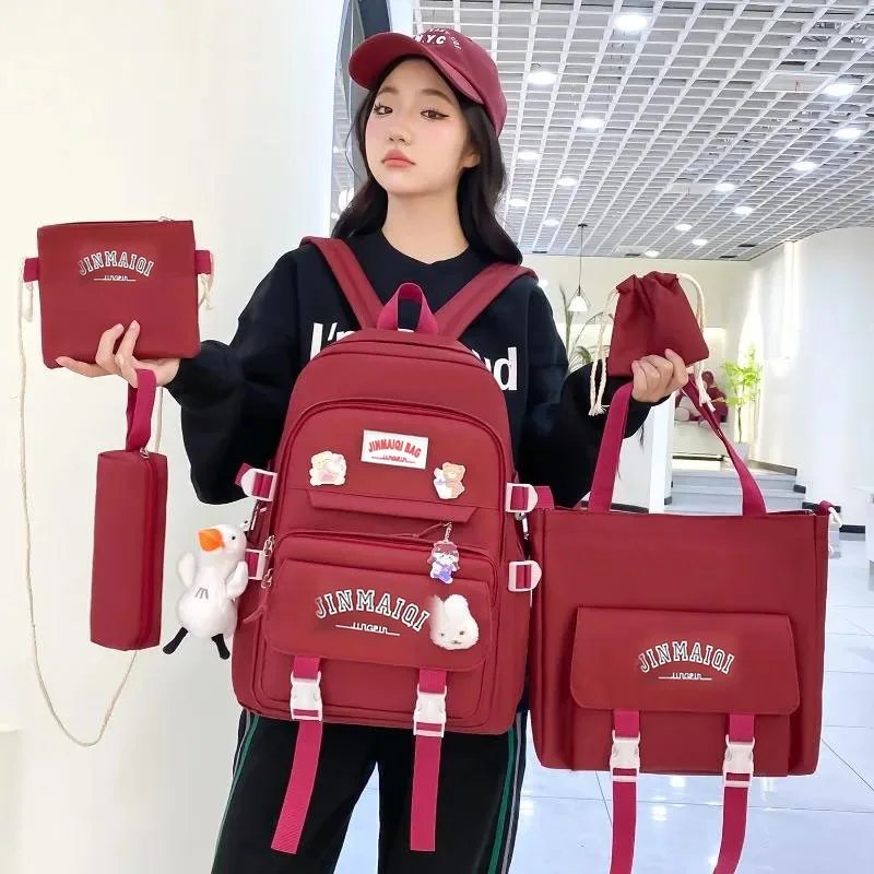 무료 펜던트 5피스 세트 포레스트 스타일 한국어 버전 캐주얼 하라주쿠 학생 배낭 고등학생 대용량