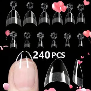 240개 투명 풀커버 네일팁, 미디엄 관 모양 프리쉐이프 네일 익스텐션, 12가지 사이즈 아크릴 가짜 네일, 프레스온 네일 팁