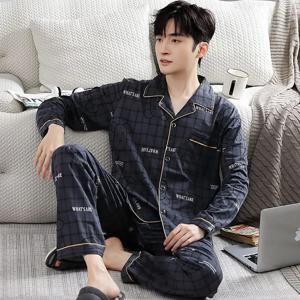 가을 100% 코튼 잠옷 남성용 편안한 긴팔 플러스 사이즈 홈웨어 정장 청소년 레저 야외 외부 착용 가능