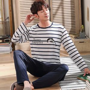 봄과 가을 긴팔 긴 바지 남성 잠옷 Homewear 루즈 캐주얼 스트라이프 Nightwear 대형 잠옷 Loungewear