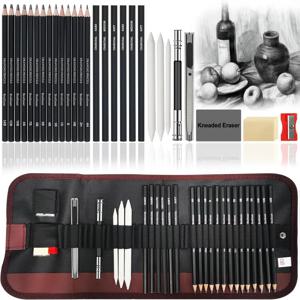29Pcs 드로잉 키트 스케치 연필 세트, 휴대용 펜 커튼-숯 연필, 스케치 연필, 숯 스틱, 숫돌, 지우개
