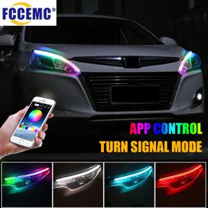 2Pcs RGB 주간 러닝 라이트 App 제어 DRL 12v 헤드 라이트 용 방향 지시등이있는 범용 유연한 흐르는 LED 스트립