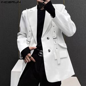 INCERUN 한국 패션 남성 블레이저 캐주얼 긴 소매 솔리드 탑 포켓 버튼 Steetwear 남성 의상 잘 맞는 빈티지 코트